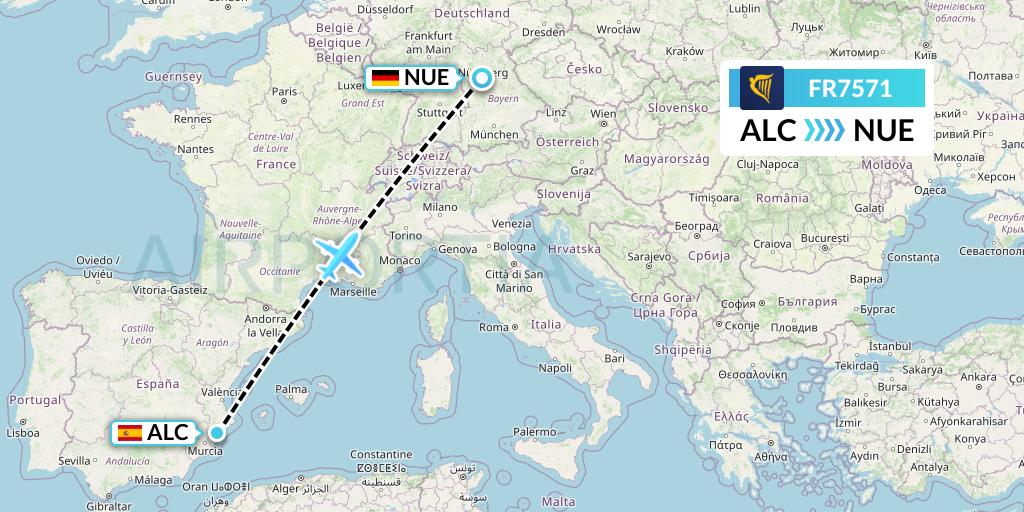 FR7571 Ryanair Flight Map: Alicante to Nurnberg