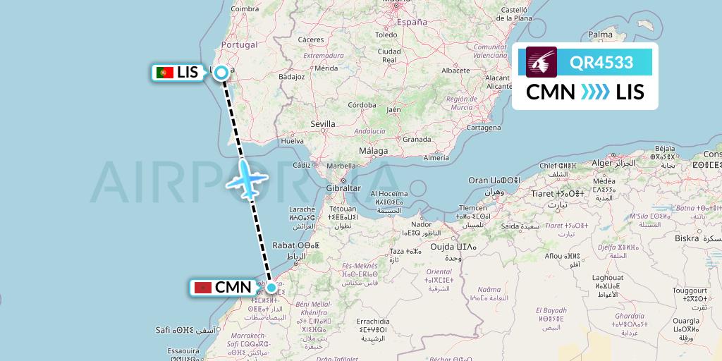 QR4533 Qatar Airways Flight Map: Casablanca to Lisbon