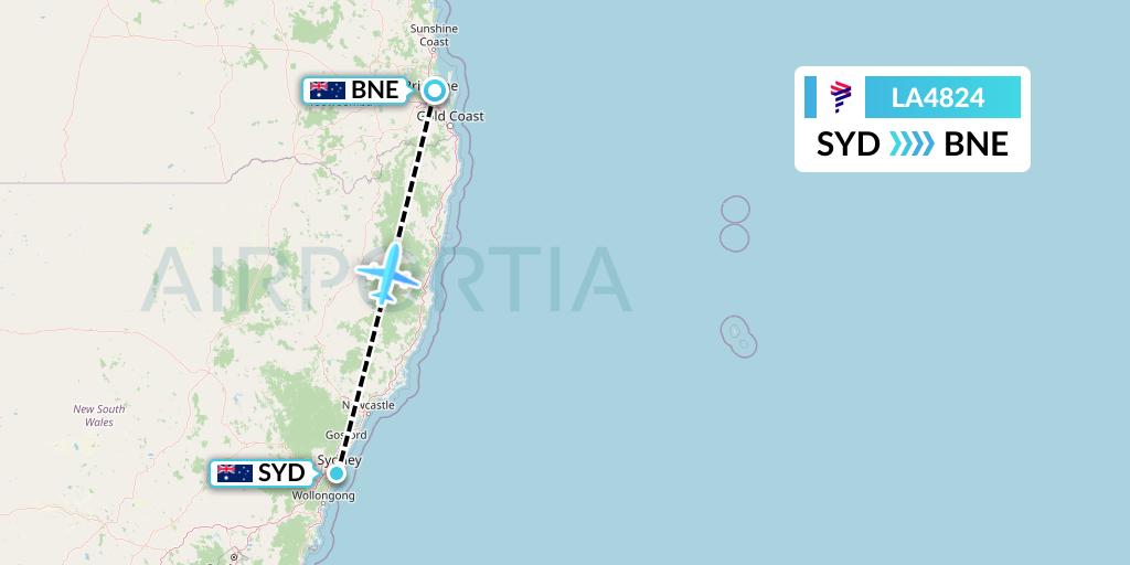 LA4824 LAN Airlines Flight Map: Sydney to Brisbane