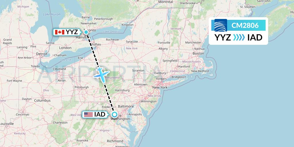 CM2806 Copa Airlines Flight Map: Toronto to Washington