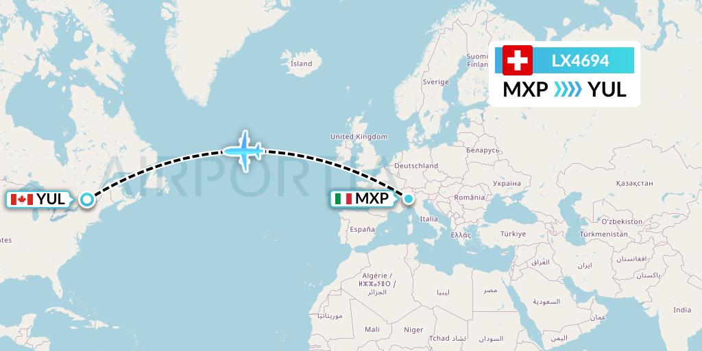 LX4694 Swiss Flight Map: Milan to Montreal