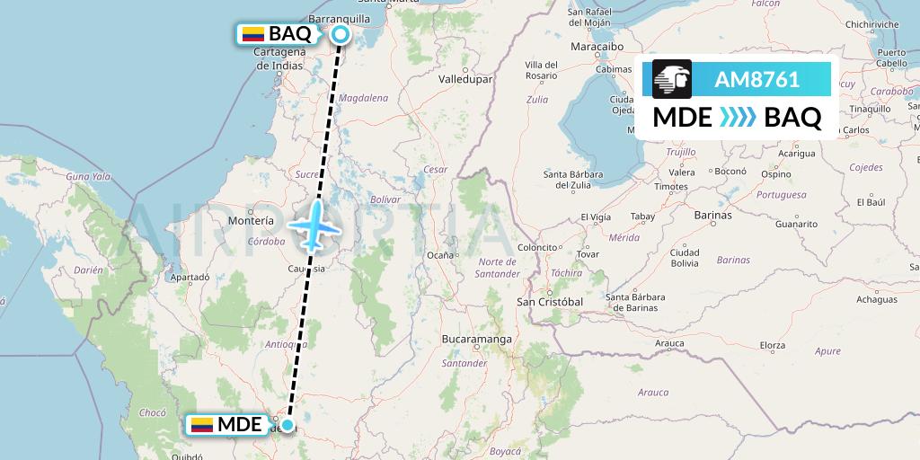 AM8761 Aeromexico Flight Map: Medellin to Barranquilla