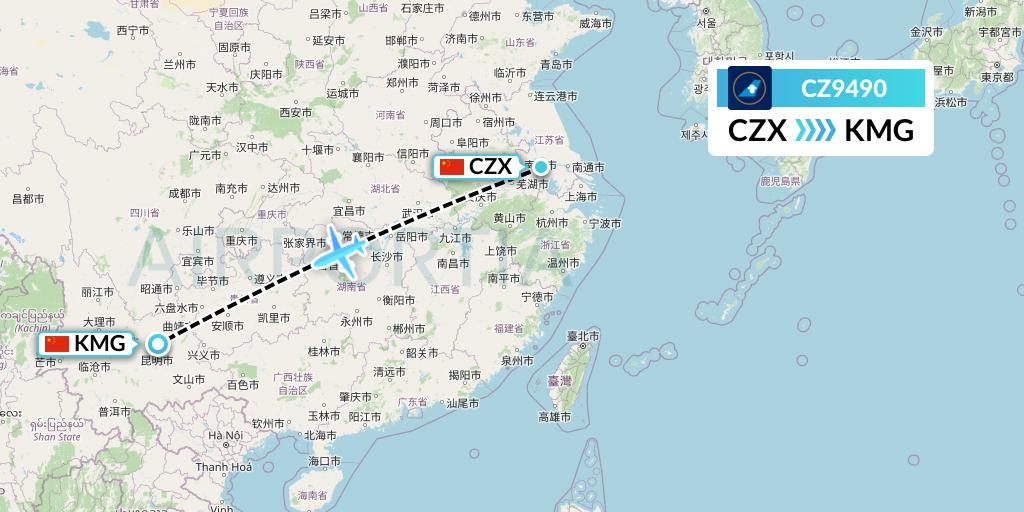 CZ9490 China Southern Airlines Flight Map: Changzhou to Kunming