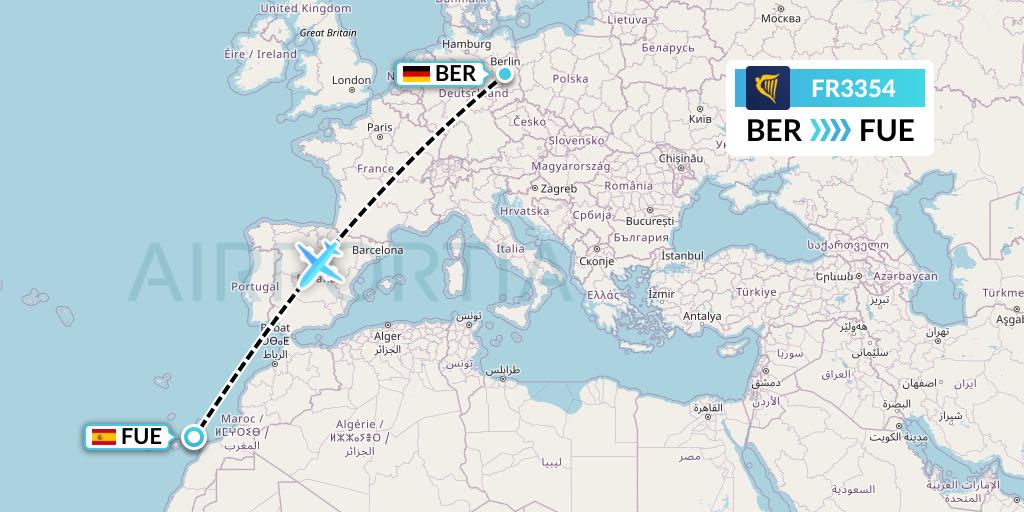 FR3354 Ryanair Flight Map: Berlin to Fuerteventura