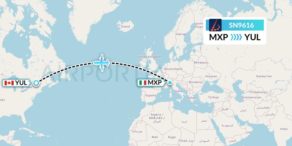 SN9616 Brussels Airlines Flight Map: Milan to Montreal