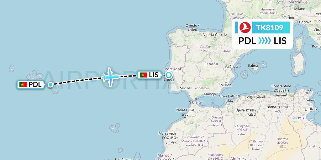 TK8109 Turkish Airlines Flight Map: Ponta Delgada to Lisbon