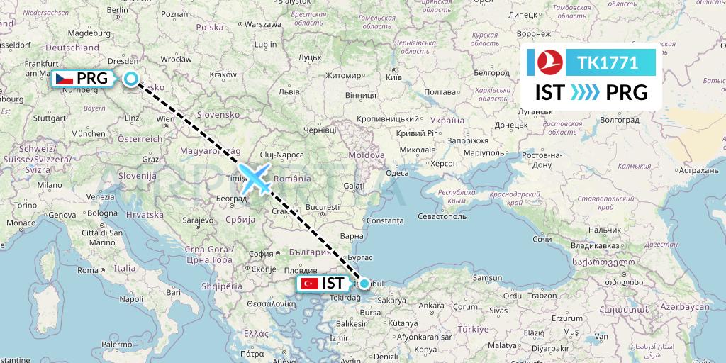 TK1771 Turkish Airlines Flight Map: Istanbul to Prague