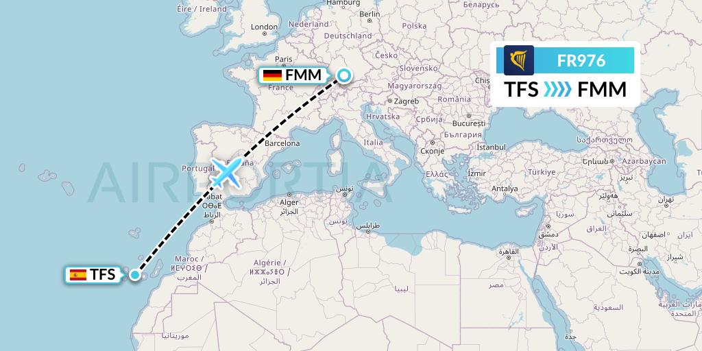 FR976 Ryanair Flight Map: Tenerife to Memmingen