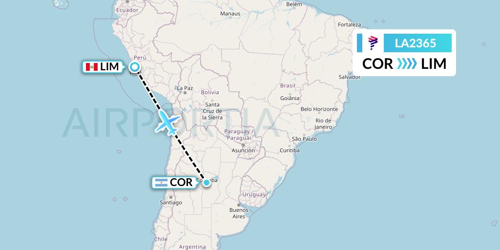 LA2365 LAN Airlines Flight Map: Cordoba to Lima