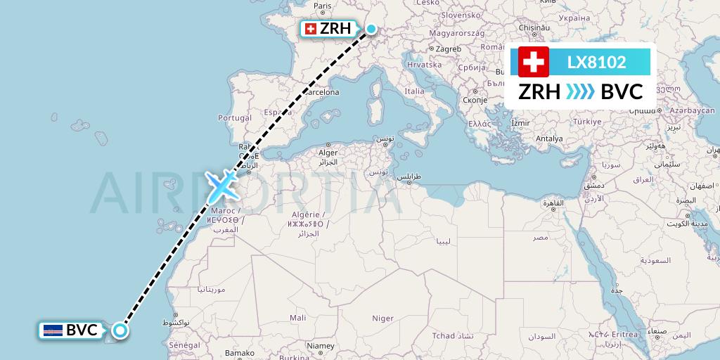 LX8102 Swiss Flight Map: Zurich to Boa Vista