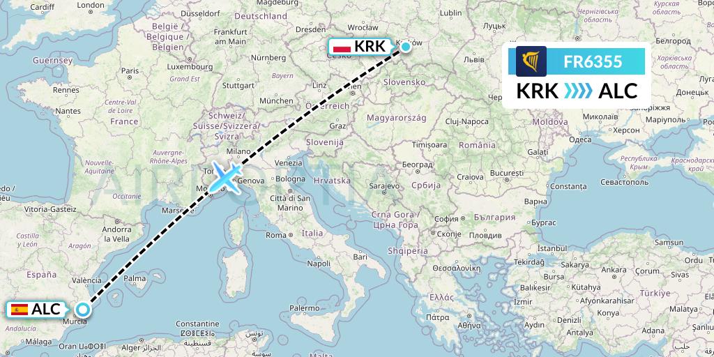 FR6355 Ryanair Flight Map: Krakow to Alicante