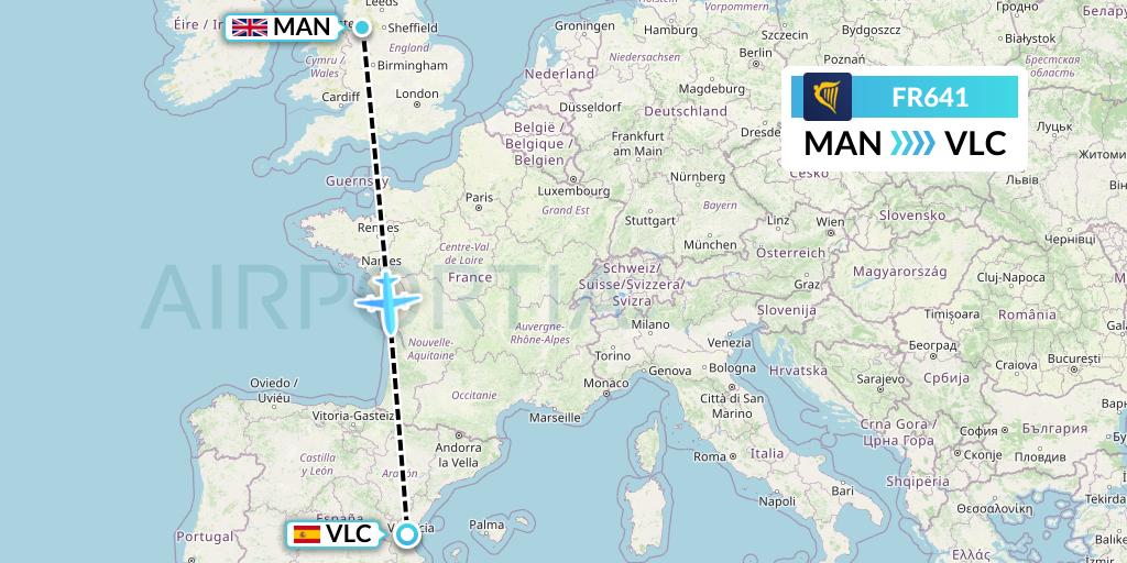 FR641 Ryanair Flight Map: Manchester to Valencia