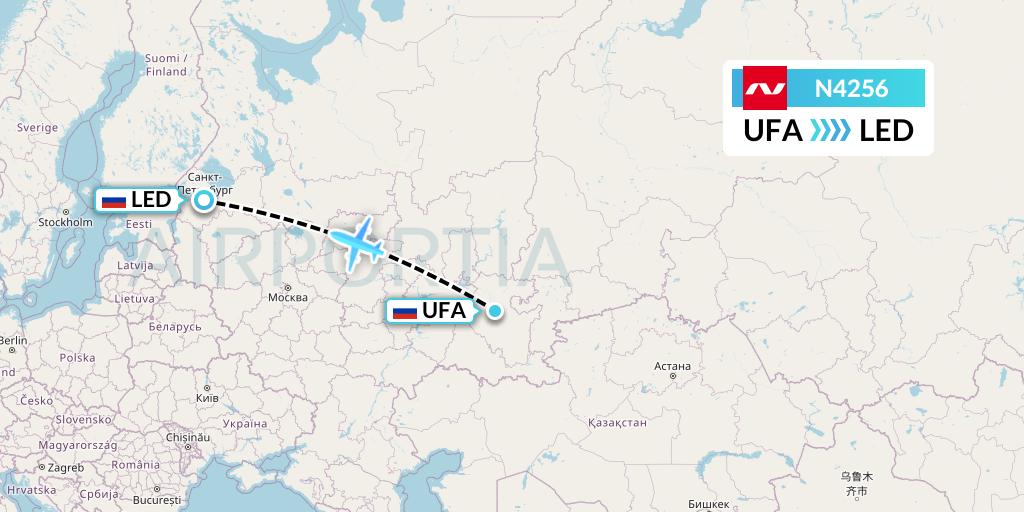 N4256 Nordwind Airlines Flight Map: Ufa to St. Petersburg