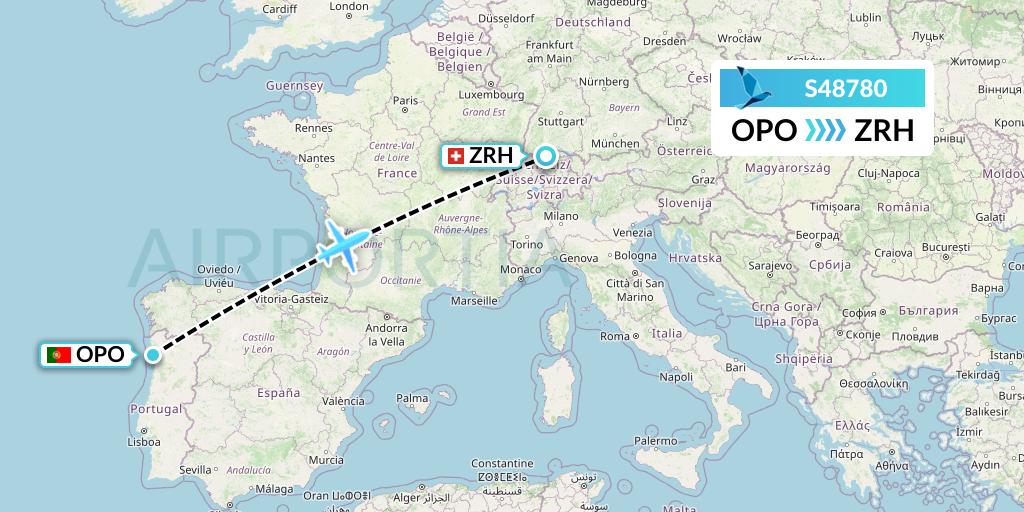 S48780 Azores Airlines Flight Map: Porto to Zurich