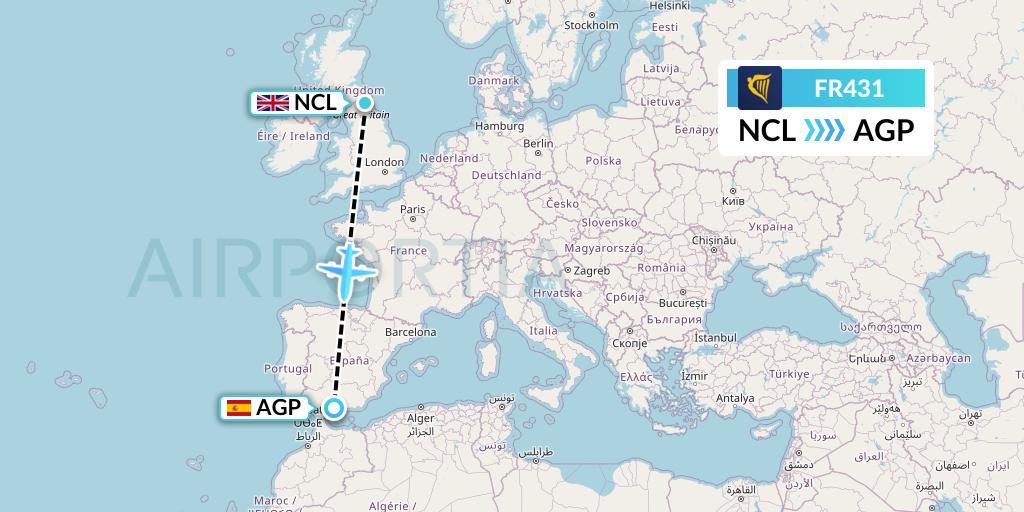 FR431 Ryanair Flight Map: Newcastle to Malaga