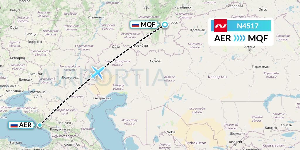 N4517 Nordwind Airlines Flight Map: Sochi to Magnitogorsk