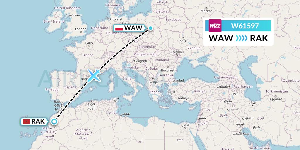 W61597 Wizz Air Flight Map: Warsaw to Marrakesh