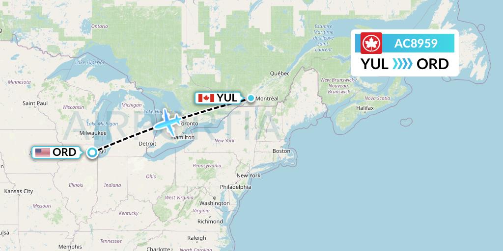 AC8959 Air Canada Flight Map: Montreal to Chicago