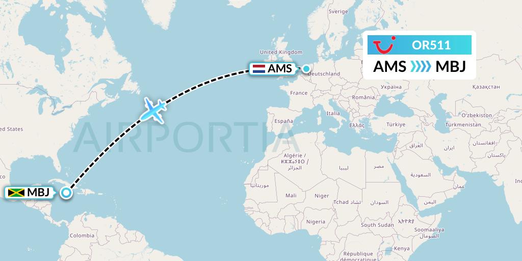 OR511 TUI fly Netherlands Flight Map: Amsterdam to Montego Bay