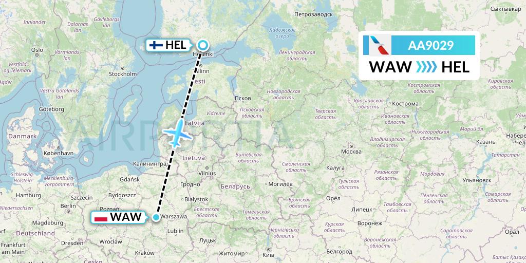 AA9029 American Airlines Flight Map: Warsaw to Helsinki
