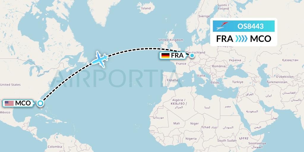 OS8443 Austrian Airlines Flight Map: Frankfurt to Orlando