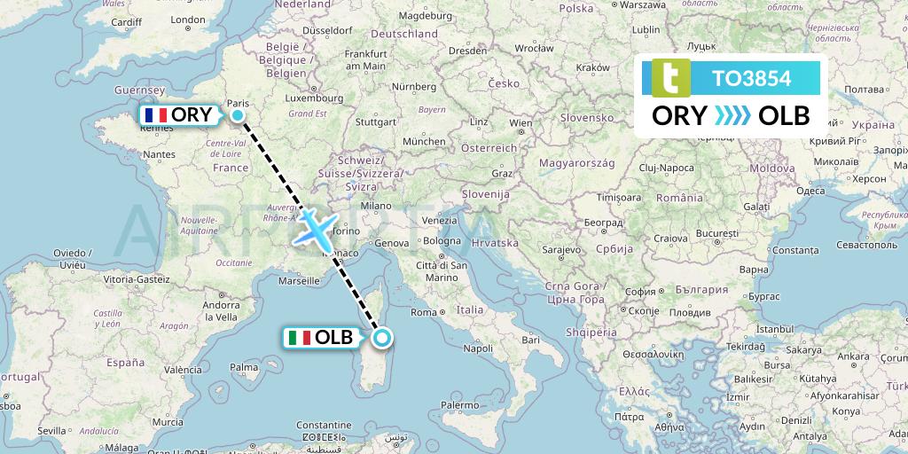 TO3854 Transavia France Flight Map: Paris to Olbia