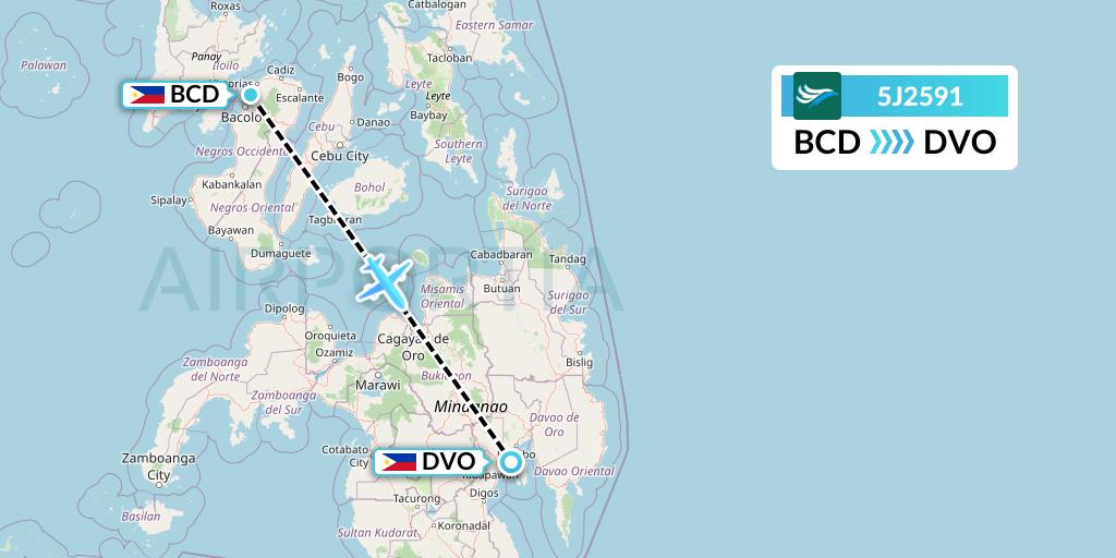 5J2591 CEBU Pacific Air Flight Map: Bacolod City to Davao City