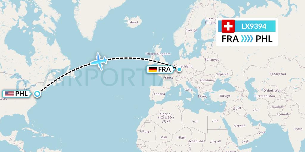 LX9394 Swiss Flight Map: Frankfurt to Philadelphia