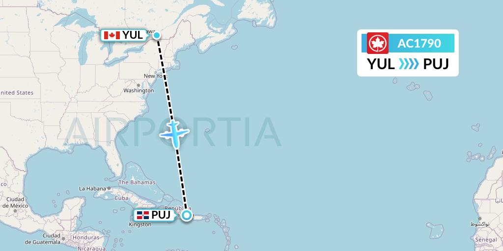 AC1790 Air Canada Flight Map: Montreal to Punta Cana