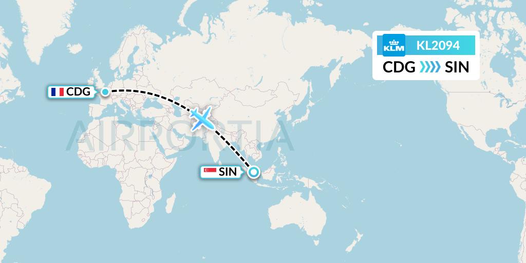 KL2094 KLM Flight Map: Paris to Singapore