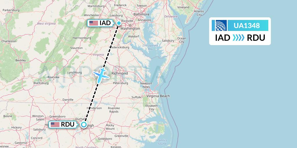 UA1348 United Airlines Flight Map: Washington to Raleigh-Durham