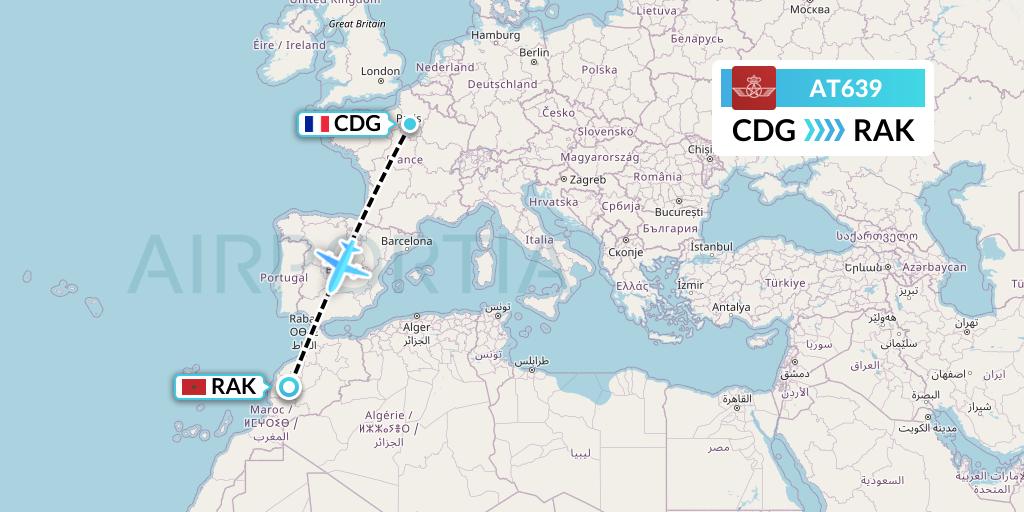 AT639 Royal Air Maroc Flight Map: Paris to Marrakesh
