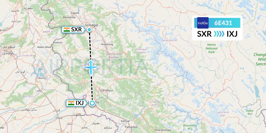 6E431 IndiGo Airlines Flight Map: Srinagar to Jammu
