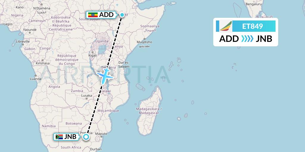 ET849 Ethiopian Airlines Flight Map: Addis Ababa to Johannesburg