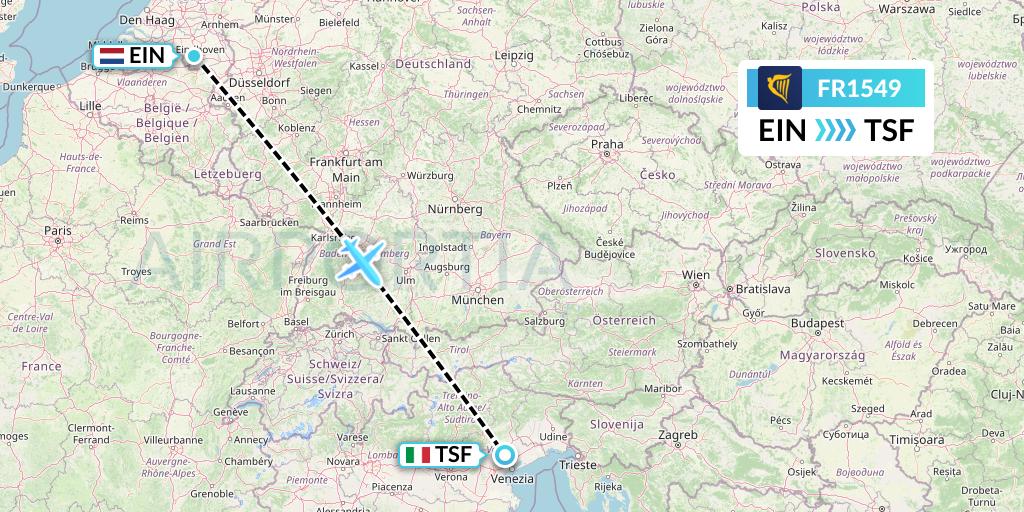 FR1549 Ryanair Flight Map: Eindhoven to Treviso
