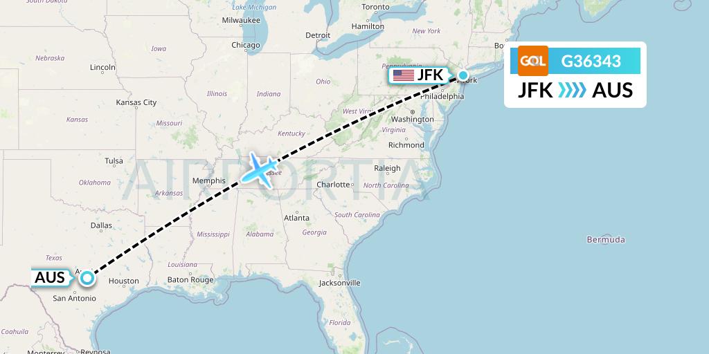 G36343 GOL Transportes Aeros Flight Map: New York to Austin