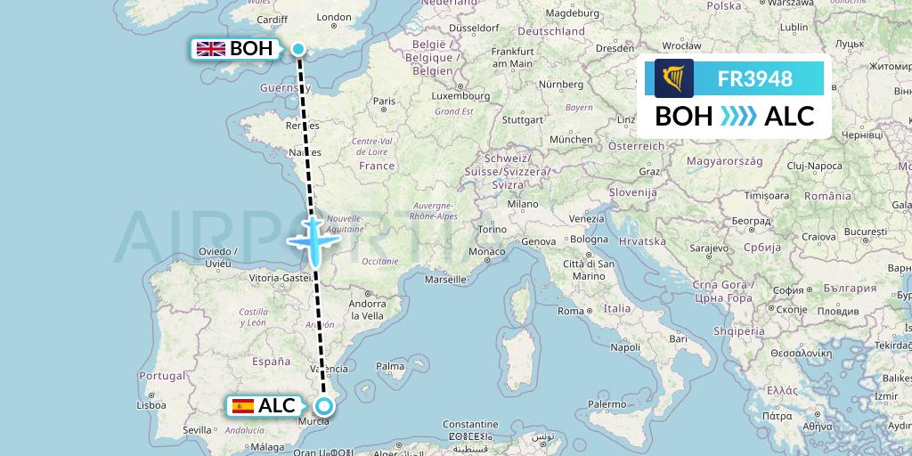 FR3948 Ryanair Flight Map: Bournemouth to Alicante