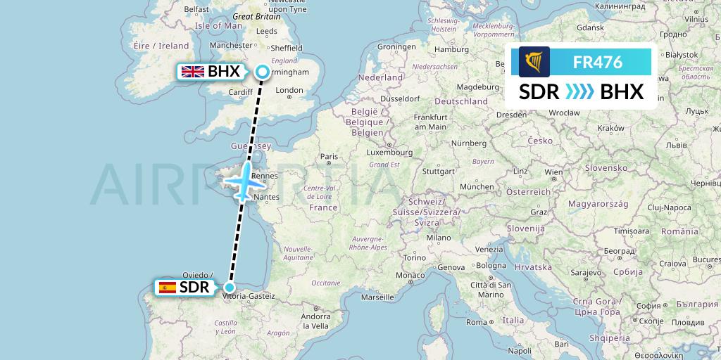 FR476 Ryanair Flight Map: Santander to Birmingham