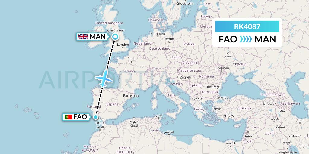 RK4087 Ryanair UK Flight Map: Faro to Manchester