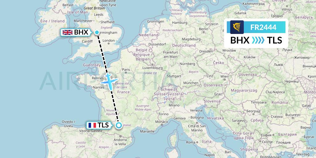 FR2444 Ryanair Flight Map: Birmingham to Toulouse