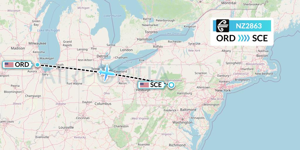 NZ2863 Air New Zealand Flight Map: Chicago to State College