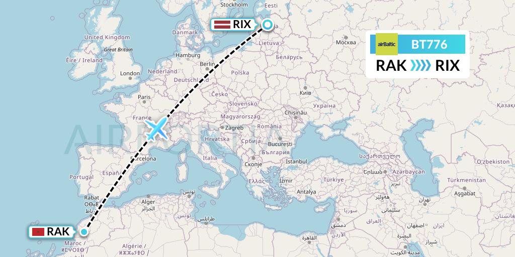 BT776 Air Baltic Flight Map: Marrakesh to Riga