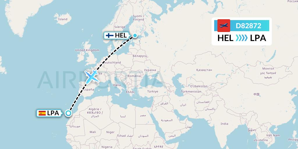 D82872 Norwegian Air International Flight Map: Helsinki to Las Palmas