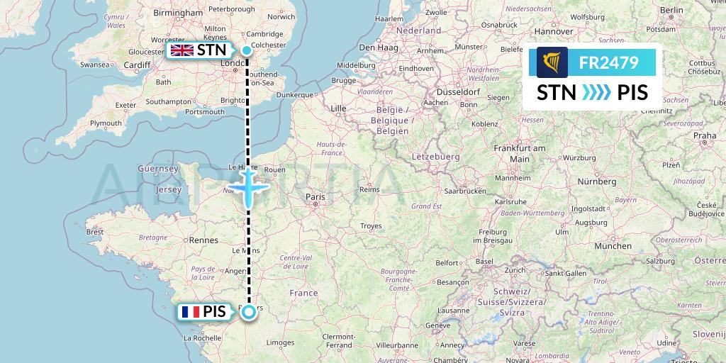 FR2479 Ryanair Flight Map: London to Poitiers