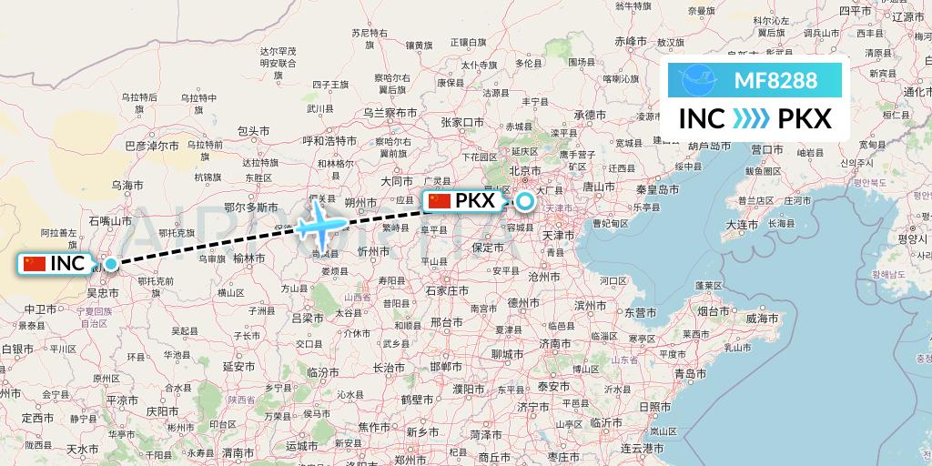 MF8288 Xiamen Airlines Flight Map: Yinchuan to Beijing