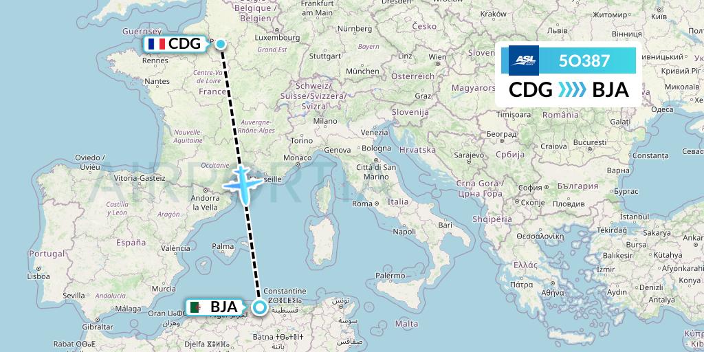 5O387 ASL Airlines France Flight Map: Paris to Bejaia