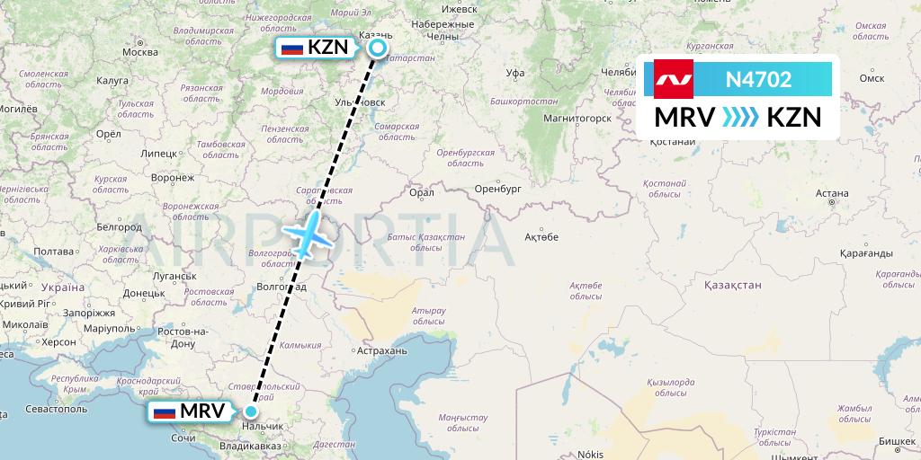 N4702 Nordwind Airlines Flight Map: Mineralnye Vody to Kazan