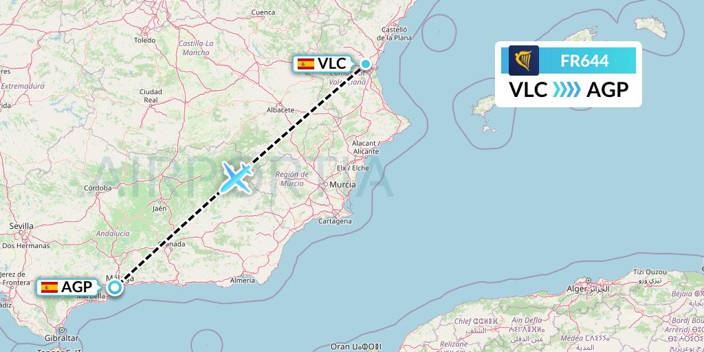 FR644 Ryanair Flight Map: Valencia to Malaga