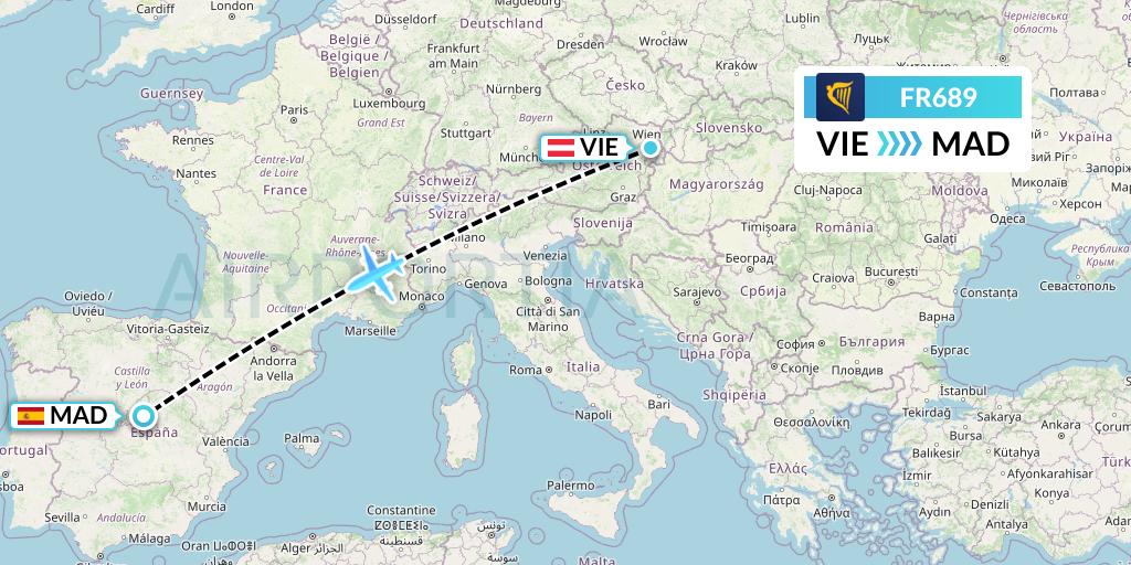 FR689 Ryanair Flight Map: Vienna to Madrid