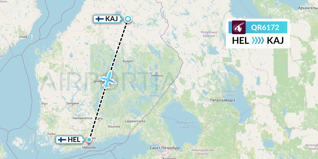QR6172 Qatar Airways Flight Map: Helsinki to Kajaani